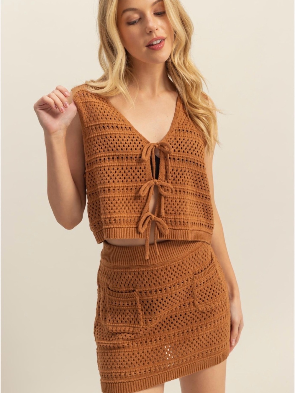 NWT Crochet Tie-Front Swim Coverup Set in Tan - Small - Picture 5 of 5